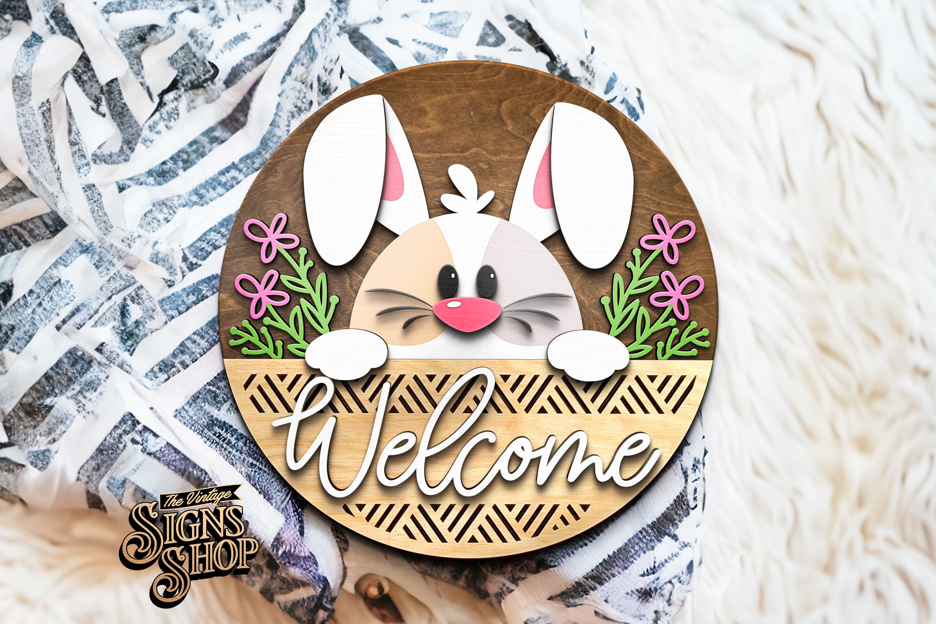 Welcome Bunny Flowers | Door Hanger SVG